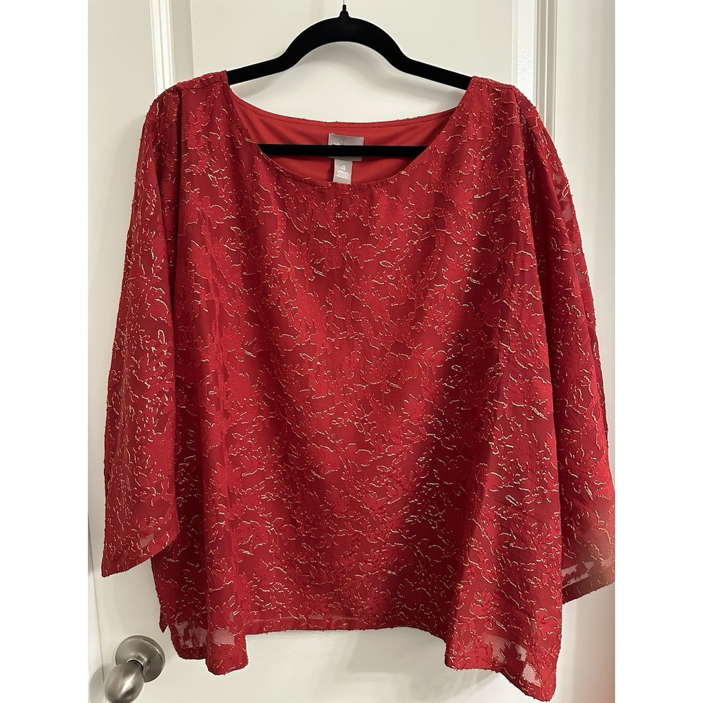 Chico's Sheer Gold Sparkle Ruffle Notch Neck SZ 4 Pullover 3/4 Sleeve Color Red